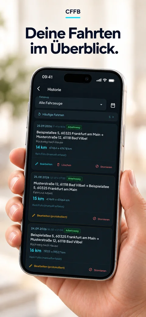 Einblick in die Fahrtenhistorie mit fiktiven Beispieladressen