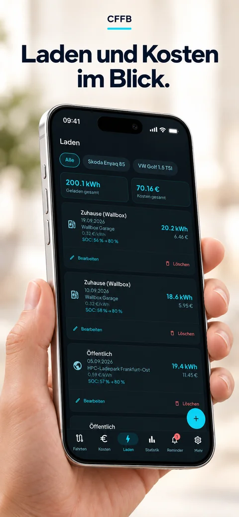 Einblick in Ladevorgänge mit kWh, Preis und Ladezustand