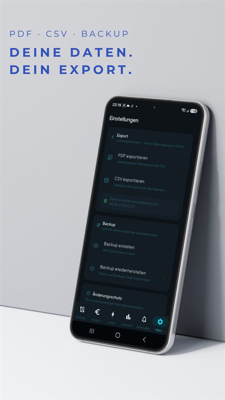 Export-Einstellungen mit PDF, CSV und lokalem Backup